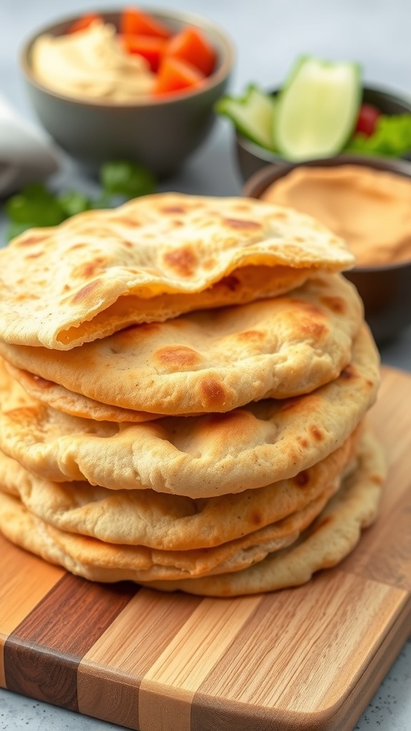 Gluten-Free Pita Bread Recipe Freshly baked gluten-free pita bread on a wooden board with hummus and vegetables.